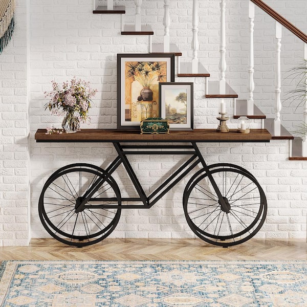 Benjamin 70.9 in. Rustic Brown Rectangle Wooden Extra Long Console Table Bicycle Metal Base