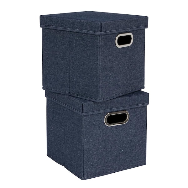 HOUSEHOLD ESSENTIALS 11 in. H x 11.4 in. W x 11.4 in. D Blue Collapsible Cardboard Cube Storage Bin with Lid and Metal Grommet Handle 2-Pack