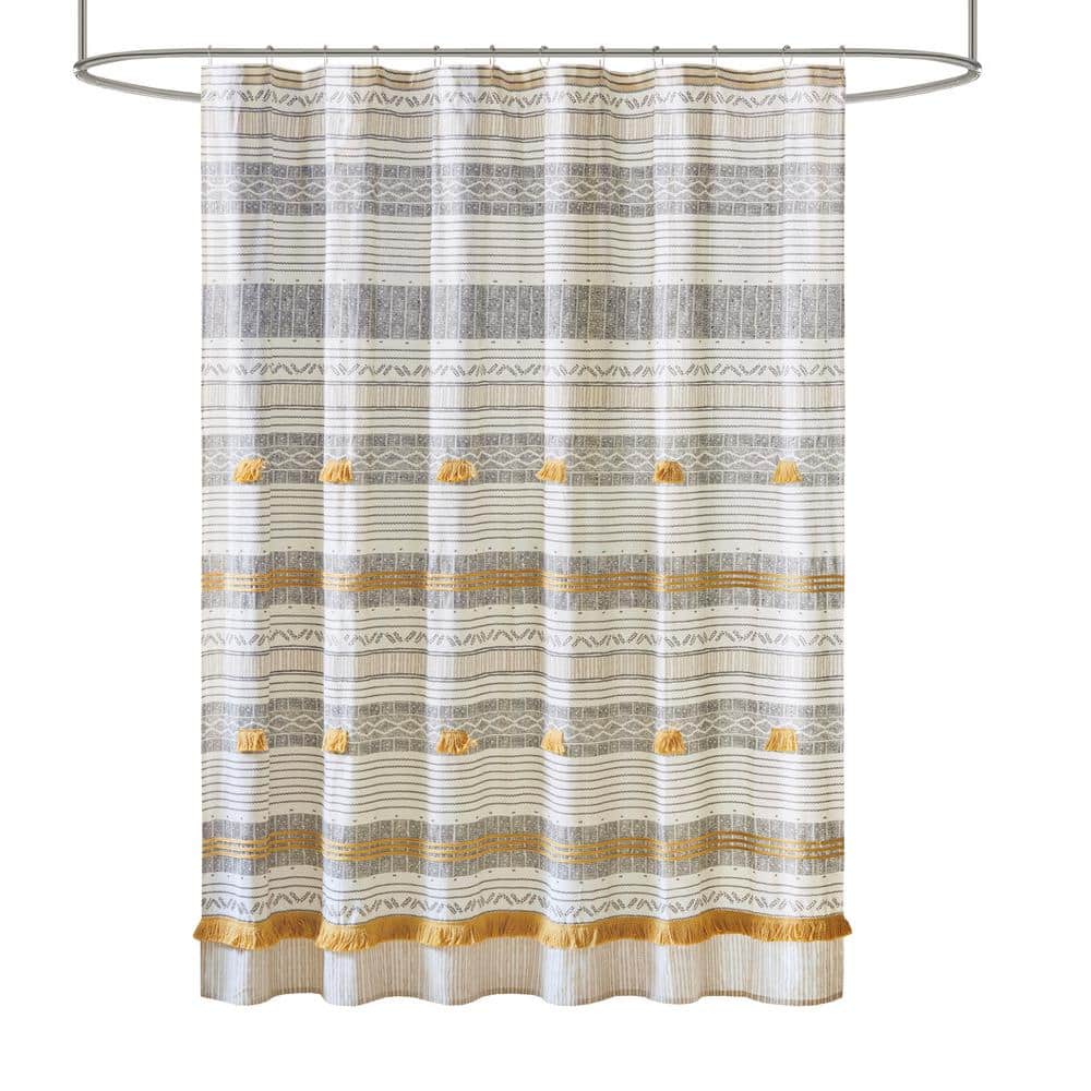 Gray and Yellow Cotton Striped Shower Curtain with Tassels