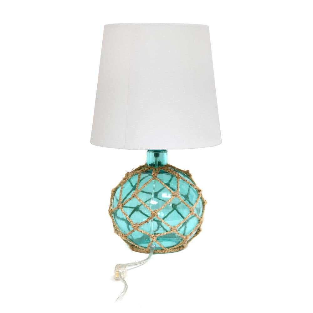 Aqua Glass Table Lamp with White Fabric Shade and Rope Netting