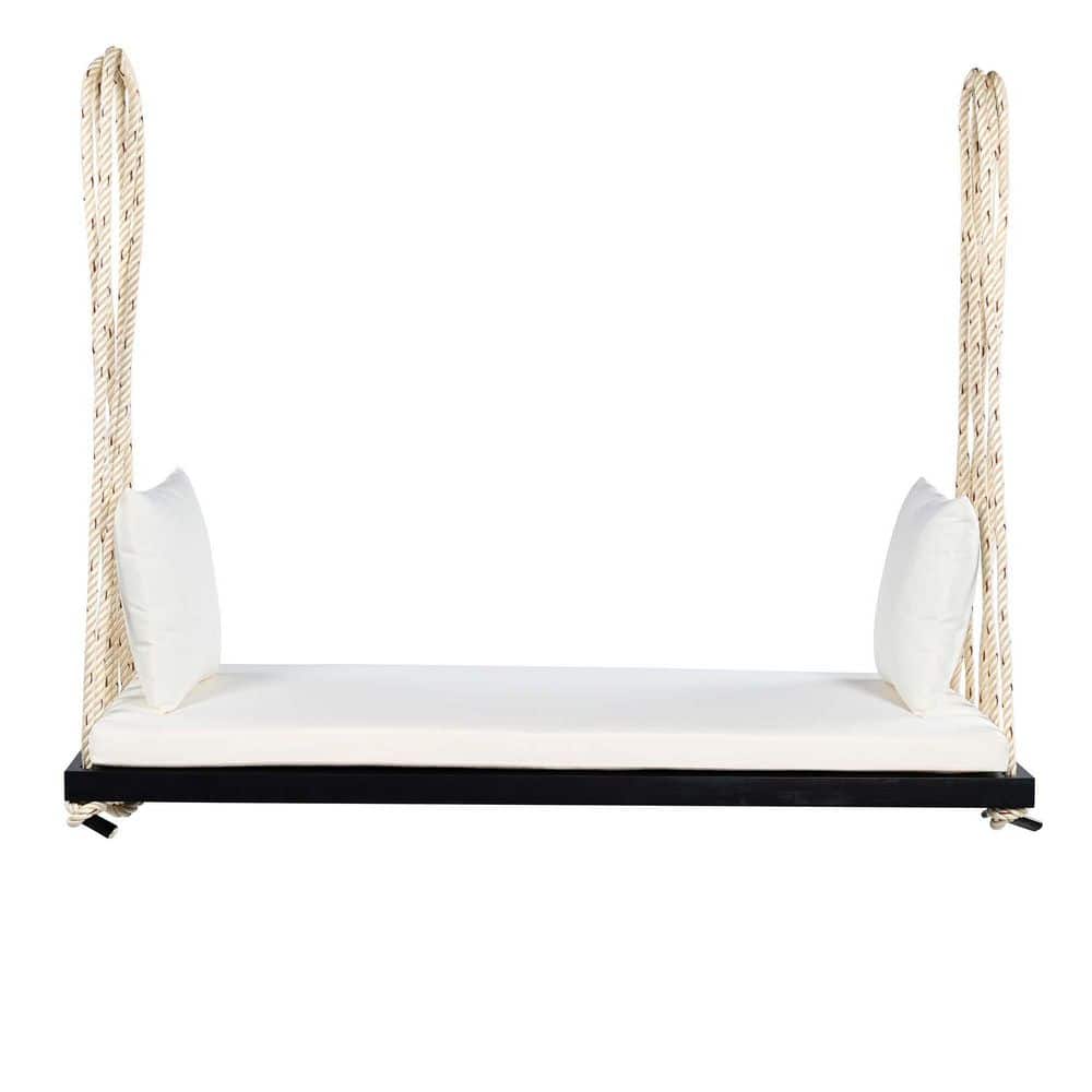 3-Person Patio Black Wood Hanging Porch Swing Bench Chair With Beige Cushion and 10. 8 ft. Hemp Ropes price history on PriceWatchPro