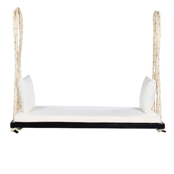 3-Person Patio Black Wood Hanging Porch Swing Bench Chair With Beige Cushion and 10. 8 ft. Hemp Ropes