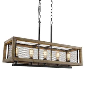5-Light Distressed Wood and Aged Iron Drum Farmhouse Chandelier Enhancing Rustic Elegance of Dining Room or Foyer.