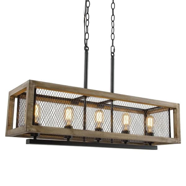 Unbranded 5-Light Distressed Wood and Aged Iron Drum Farmhouse Chandelier Enhancing Rustic Elegance of Dining Room or Foyer.
