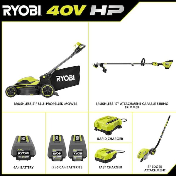 40V HP Brushless 21" Cordless Walk Behind Self-Propelled Mower, w/ String Trimmer, Edger, (3) Batteries & (2) Chargers