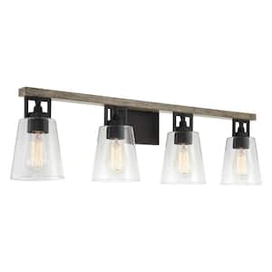 Barrett 32.5 in. 4-Lights Textured Black with Reclaimed Oak Wood Style Farmhouse Bathroom Vanity Light