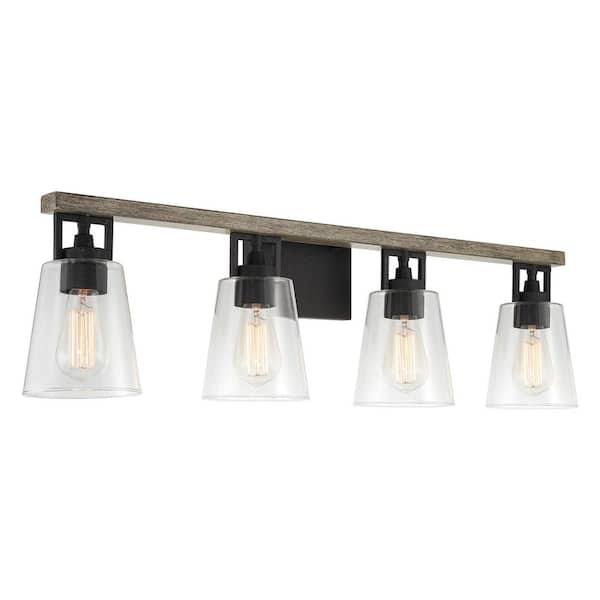 Kira Home Barrett 32.5 in. 4-Lights Textured Black with Reclaimed Oak Wood Style Farmhouse Bathroom Vanity Light