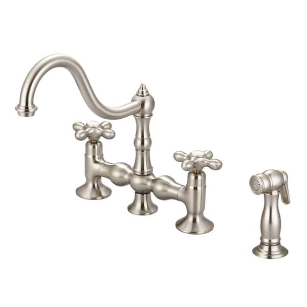 Water Creation 2-Handle Bridge Kitchen Faucet with Plastic Side Sprayer in Brushed Nickel