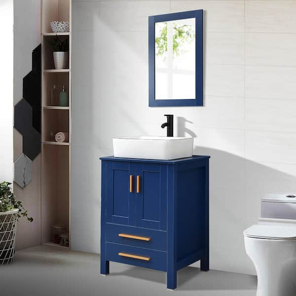 Puluomis 24 in. W x 19 in. D x 38 in. H Single Sink Bath Vanity in Blue with Blue Solid Surface Top and Mirror