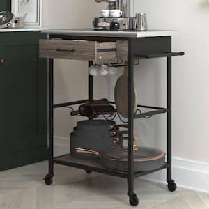 Nora Stainless Steel, Black Metal And Brown Multifunctional Kitchen Cart With Wine Rack and Pantry Storage