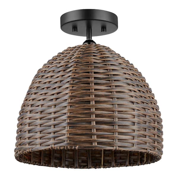 Hampton Bay Olney 1-Light Black Outdoor Semi-Flush Mount Light with Brown Resin Wicker Shade