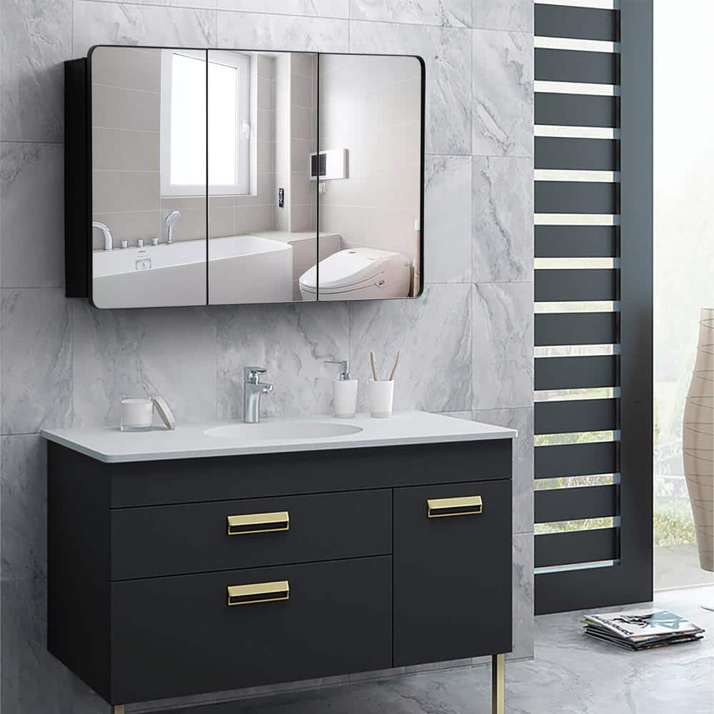Matte Black Aluminum 3-Door Medicine Cabinet with Adjustable Glass Shelves