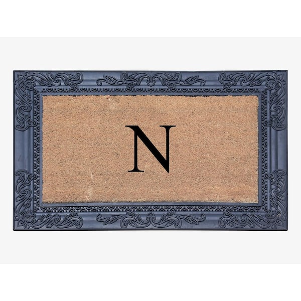 A1 Home Collections A1HC Sketch Border Black/Beige 24 in. x 36 in. Rubber and Coir Heavy Duty Easy to Clean Monogrammed N Door Mat