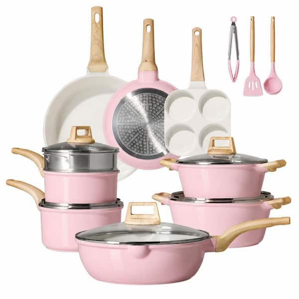 21-Piece Aluminum Nonstick Cookware Set in Pink, Durable Aluminum Pots and Pans, Induction Ready, PFOS PFOA Free
