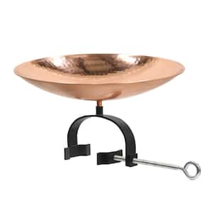 15.75 in L Stainless Steel Birdbath, Round Polished Copper Plated with Wrought Iron Over Rail Bracket
