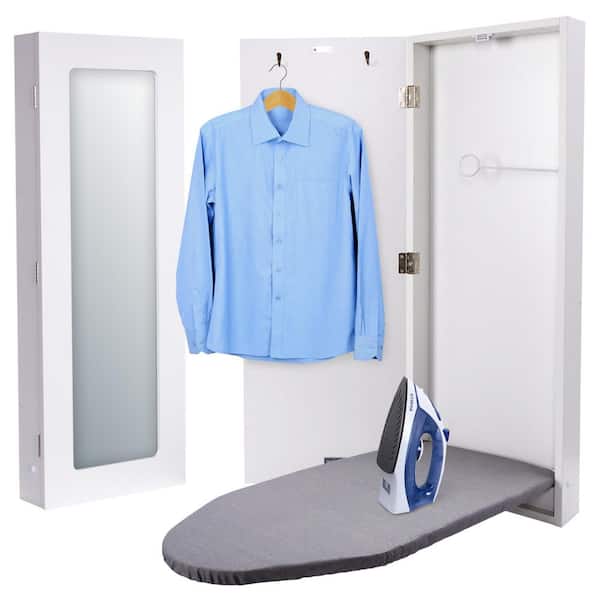 Ivation Ironing Board, Wall Mounted Ironing Board Cabinet W/Left Side Door, Mirror & Lever, White