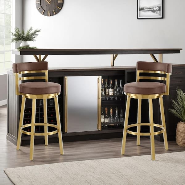 Armen Living Madrid 30 in. Vintage Coffee Stainless Steel Bar Stool with Faux Leather Seat
