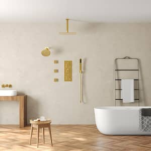 8-Spray Patterns 12 and 6 in. Dual Wall and Ceiling Mount Fixed Shower Head with Handheld 2.5 GPM in Brushed Gold