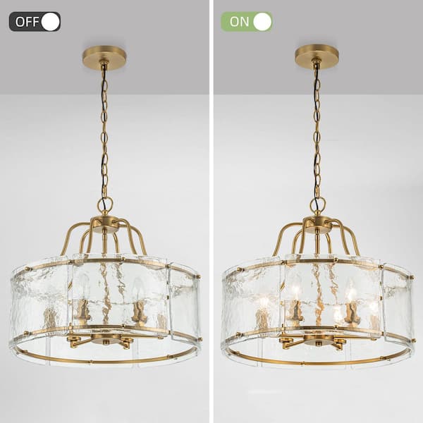 6-Light Brushed Gold Modern Farmhouse Drum Chandelier with Water Ripple Glass for Kitchen Island Dining Room Foyer