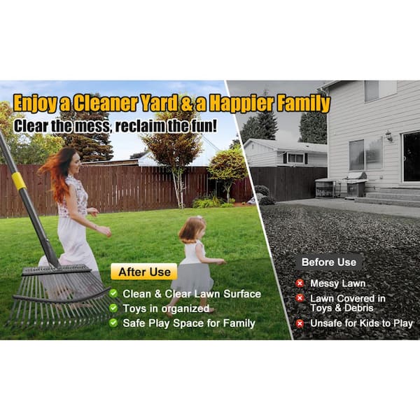 79 in. Steel Handle Metal Leaf Rake with 25 Tines, 18 in. Wide Head, Heavy Duty Durable Garden Yard Rake