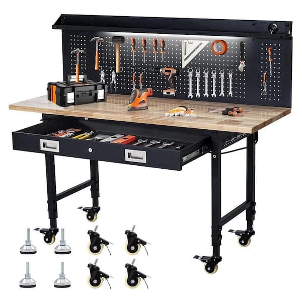 Heavy Duty 60 in. W x 22 in. D Black Steel Mobile Workbench with Rubberwood Top, Drawer & Pegboard, 10 FT Power Cord