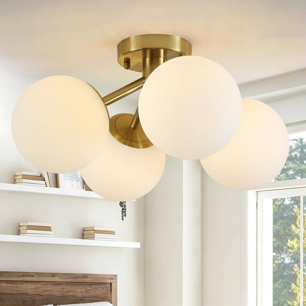 19.69 in. 4-Light Modern Sputnik Globe Brushed Brass Semi-Flush Mount for Dining Room, Opal Glass Bubble Shade price history on PriceWatchPro