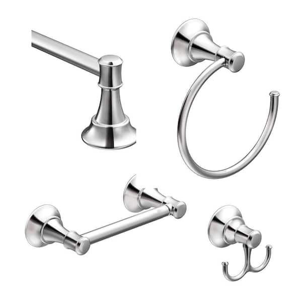 MOEN Ashville 4-Piece Bath Hardware Set with 18 in. Towel Bar, Paper Holder, Towel Ring, and Robe Hook in Chrome