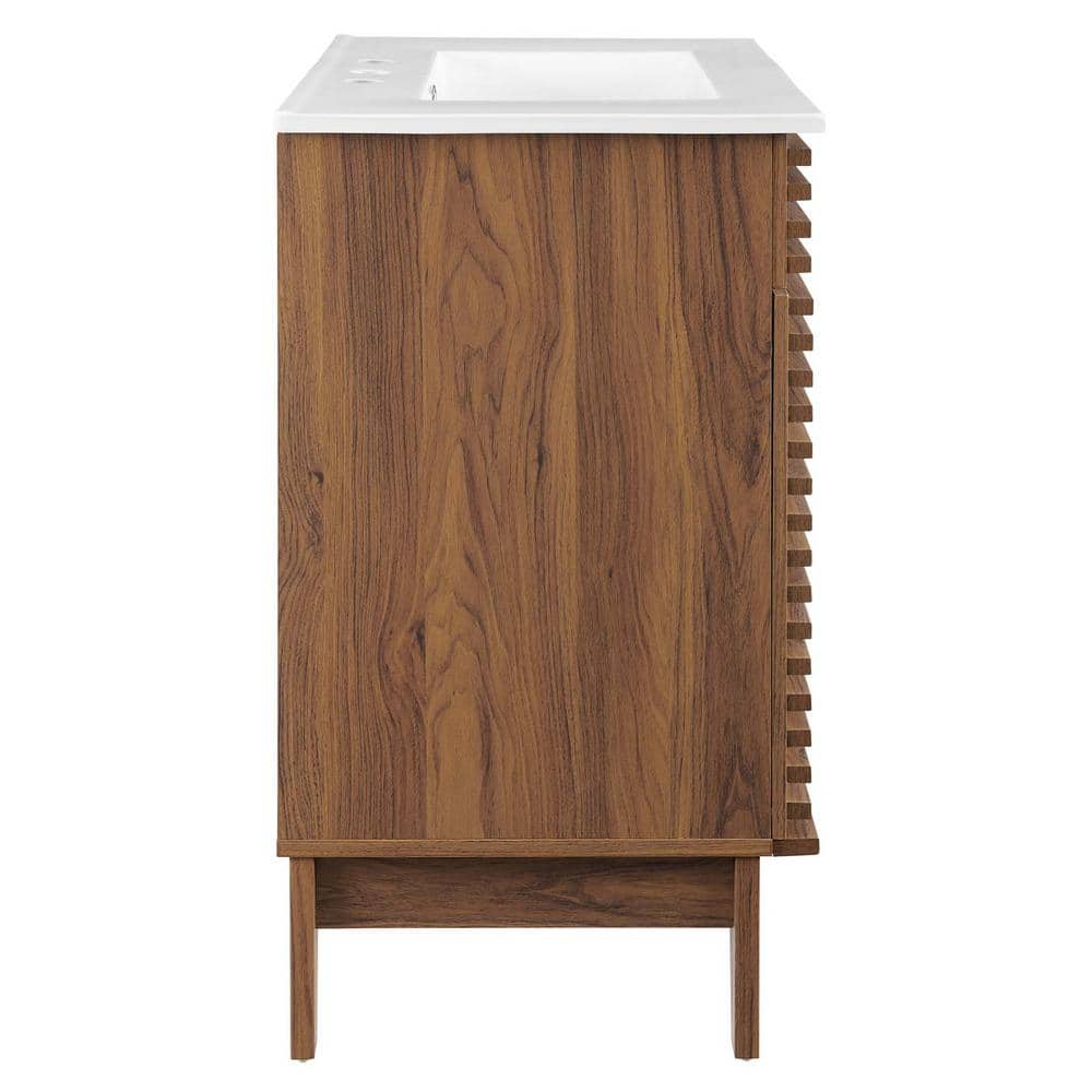 Mid-Century Modern 30" Walnut White Vanity Cabinet with Ceramic Basin