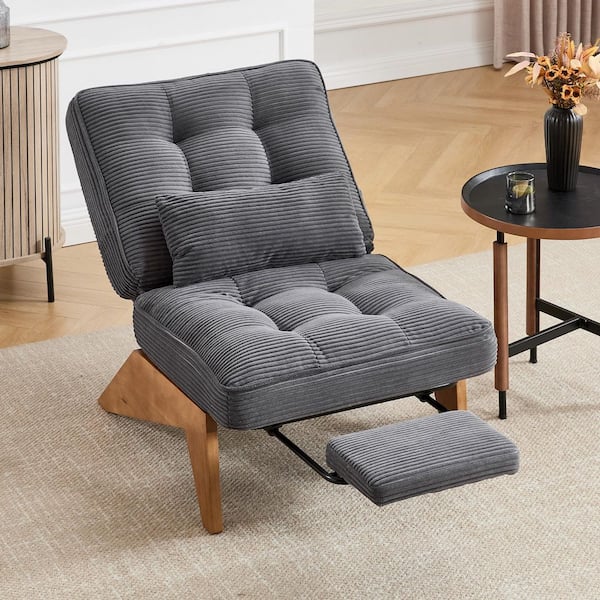 Modern Dark Grey Corduroy Upholstered Lounge Accent Wingback Chair with Adjustable Backrest and Retractable Footrest