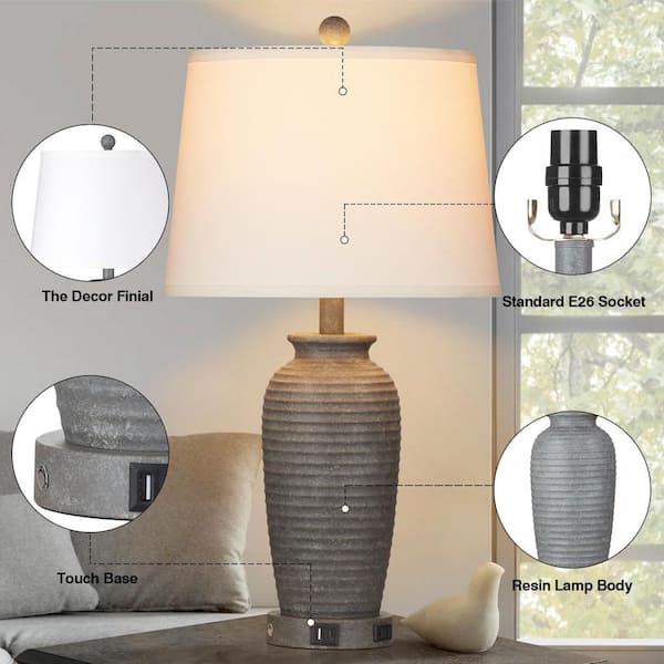 Cinkeda Allisan 24.3 in. Grey Ceremic Table Lamp Set with Type-C