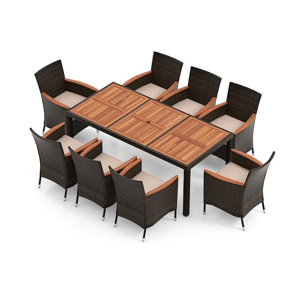 Liviza 9-Piece Mix Brown Wicker and Wood Outdoor Dining Set with Beige Cushions