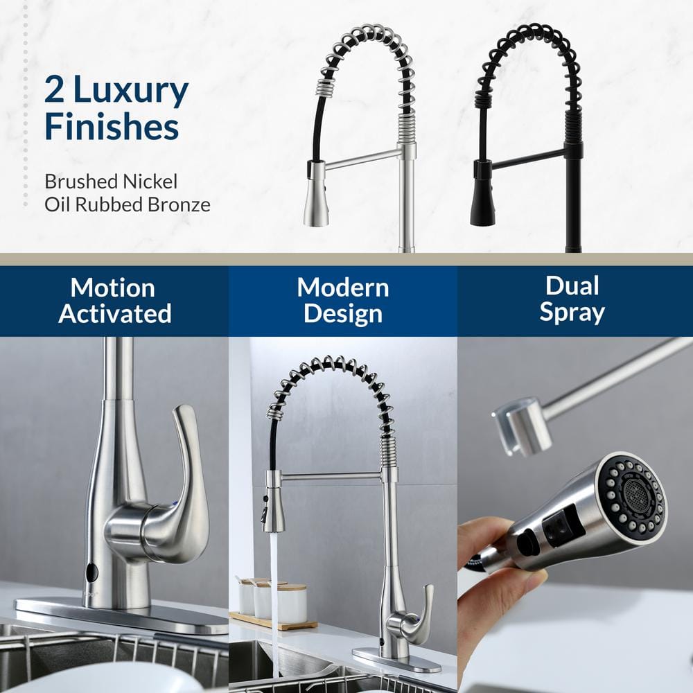 Brushed Nickel Touchless Spring Neck Pull Down Kitchen Faucet