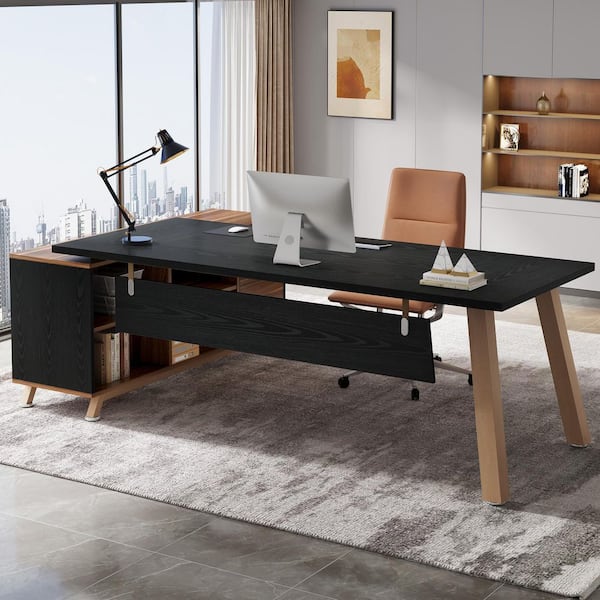 Lanita 71 in. L-Shaped Black Wood 2-Drawer Executive Desk with Storage Shelves