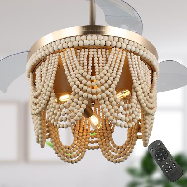Boho 42 in. Indoor Gold Retractable Ceiling Fan with Lights and Remote, Wood Bead Accent
