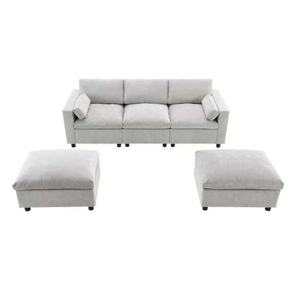 86.5 in. Straight Arm Chenille U Shaped Modular Sectional Sofa in Medium Gray with Storage Pockets, 2 Movable Ottoman