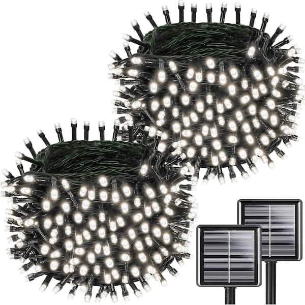 2 Pack 200 LED Solar String Lights 66 Ft Outdoor Waterproof Auto On Off 8 Modes Cool White Green Wire