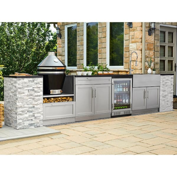 NewAge Products Signature Series 125.16 in. x 25.5 in. x 38.43 in. NG Outdoor Kitchen Stainless Steel Cabinet Set with Grill Kamado