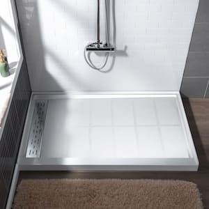 Krasik 48 in. L x 32 in. W Alcove Solid Surface Shower Pan Base with Left Drain in White with Chrome Cover