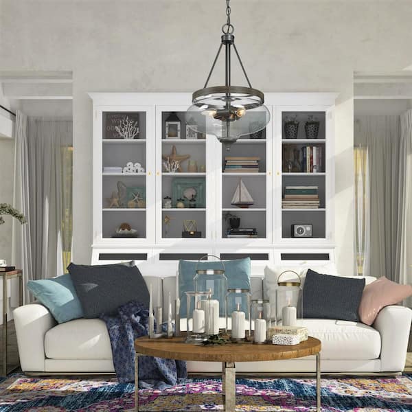 Ray 1-Light Rustic Bronze Pendant Light with Clear Glass Shade and Painted Wood Accents