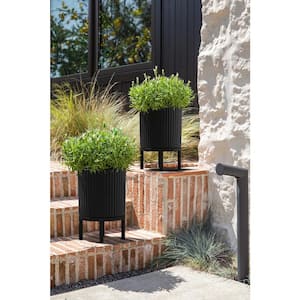 Demi 12 in. Raised with Stand Round Black Plastic Planter with Black Stand (2-Pack)
