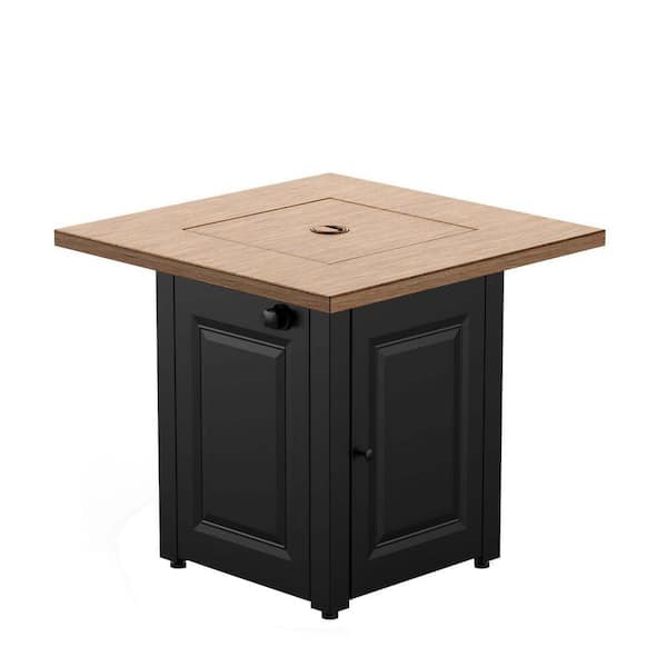28 in. Wood Grain Black 50000 BTU Propane Fire Pit Table with Lid & Lava Rocks, Flame-Out Protection