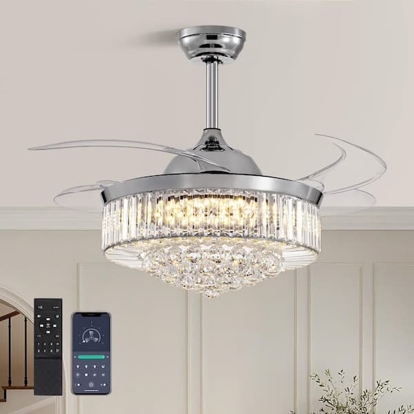 48 in. Indoor Chrome Color Smart Retractable Crystal Ceiling Fan with Adjustable LED Light Included with Remote