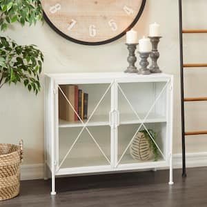 White Metal 1 Shelf and 2 Doors Geometric Cabinet with Glass Front Panels