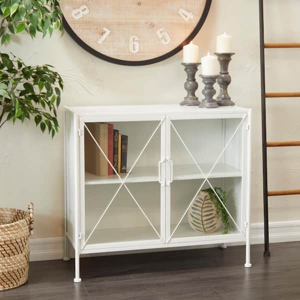 Litton Lane White Metal 1 Shelf and 2 Doors Geometric Cabinet with Glass Front Panels