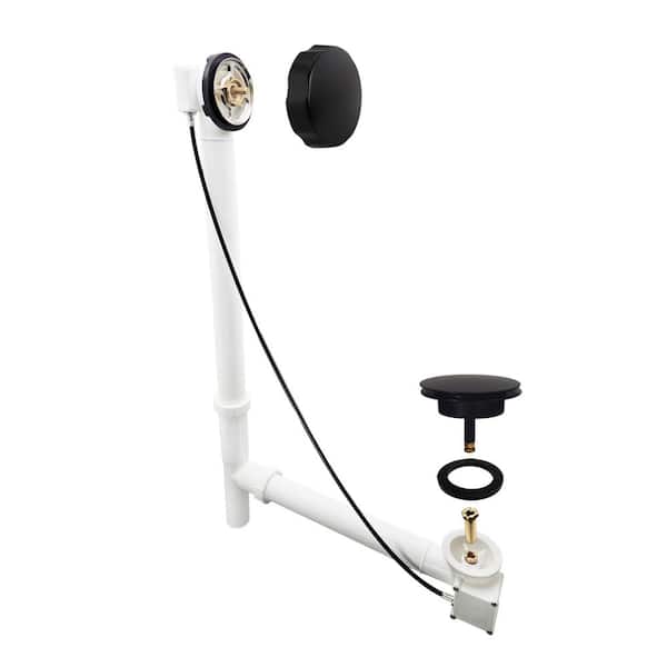 35 in. Cable Drive Bath Drain Assembly with Rotary Overflow Cover, Pop-Up Stopper - White Poly, Matte Black
