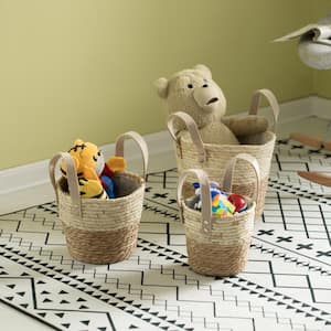 Brown Decorative Corn Rope-Straw Round Storage Basket with Rope Handles (Set of 3)