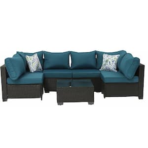 7-Piece Brown Wicker Outdoor Sectional, Rattan Outdoor Patio Set with Peacock Blue Cushions, Pillows and Coffe Table