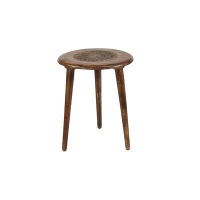 Brown Carved Mandala Wood 3-Legged Accent Table