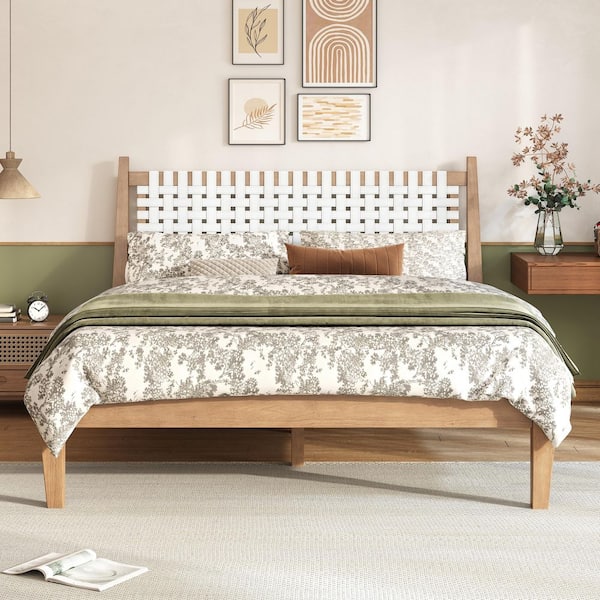 Grains White Plus Natural Solid Wood Frame Queen Size Platform Bed with Headboard, PU Leather
