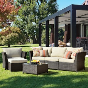 Huron Gorden Brown 6-Piece Wicker Outdoor Patio Conversation Sectional Sofa Set with Beige Cushions